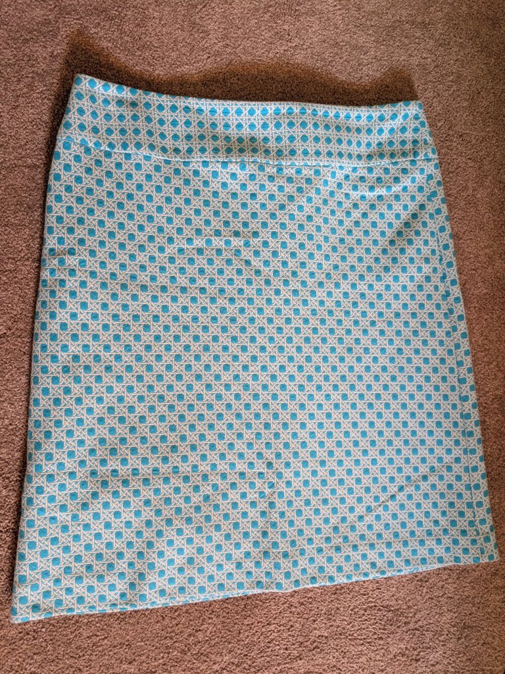 100% cotton Talbots Teal and White basket weave medallion woven preppy skirt